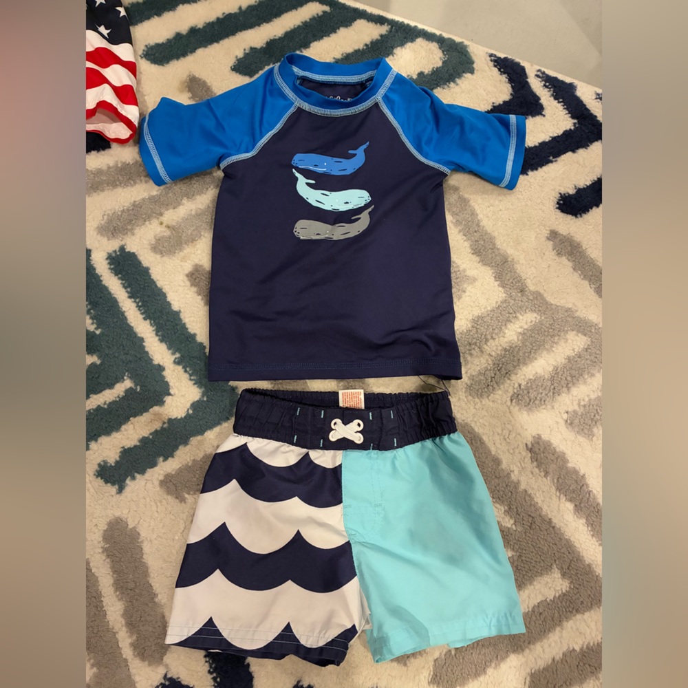 18 month swim trunks and rash guard blue